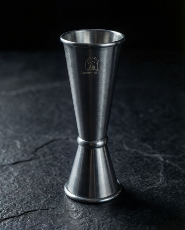Double-sided stainless steel Jigger standing upright, Aurum & Ash logo etched on the side.