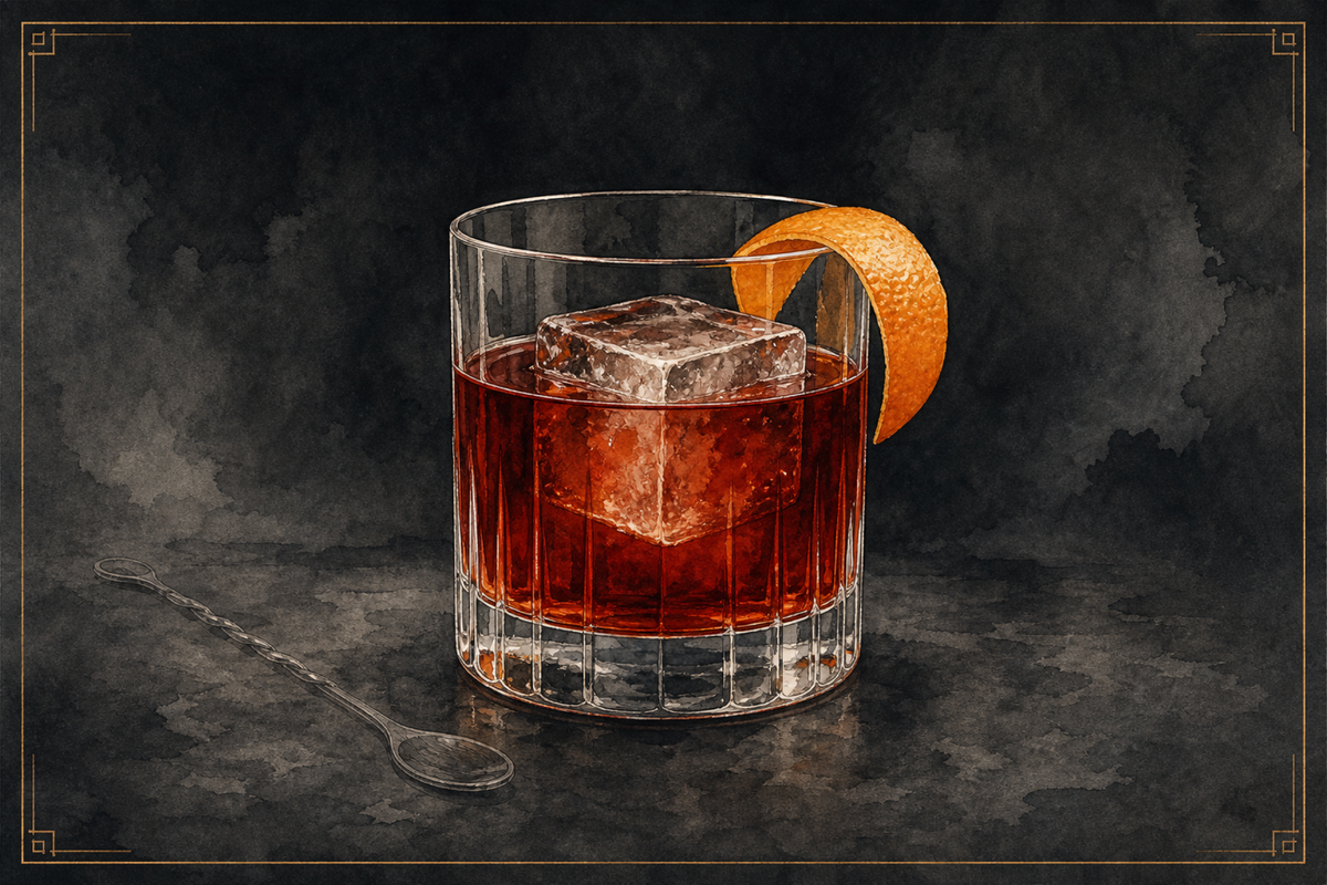 Boulevardier in a rocks glass over a large ice cube with an orange peel, A&A watercolor.