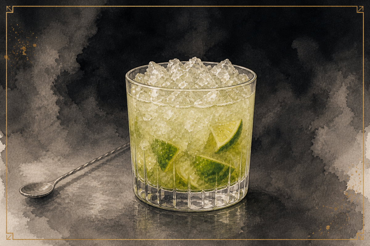 Caipirinha in a rocks glass with muddled lime wedges over crushed ice, A&A watercolor.