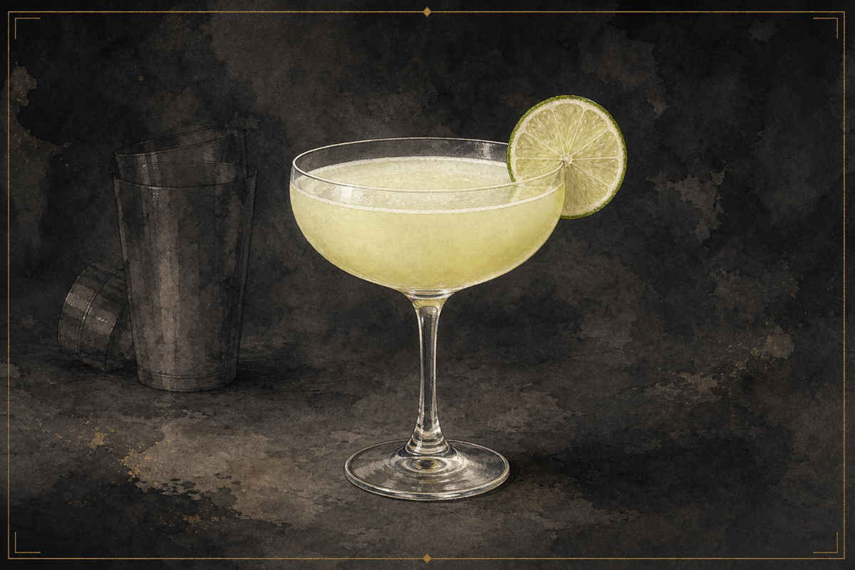 Daiquiri in a chilled coupe with a lime wheel, A&A watercolor.