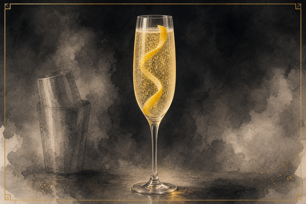 French 75 in a chilled flute with a lemon twist and active champagne bubbles, A&A watercolor.