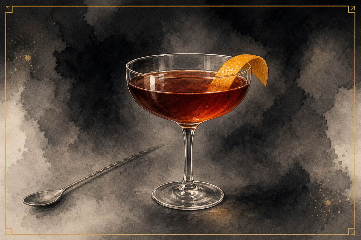 Hanky Panky in a chilled coupe with an expressed orange peel, A&A watercolor.
