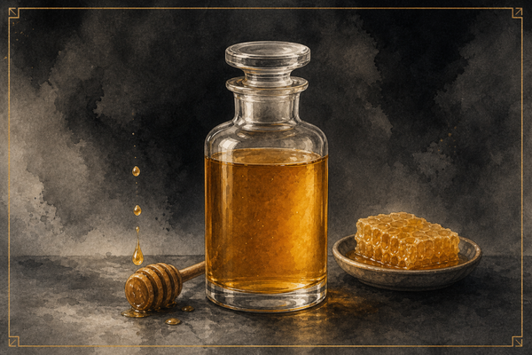 Watercolor illustration of a clear glass jar of golden honey syrup with a wooden honey dipper resting beside it on a dark ash surface