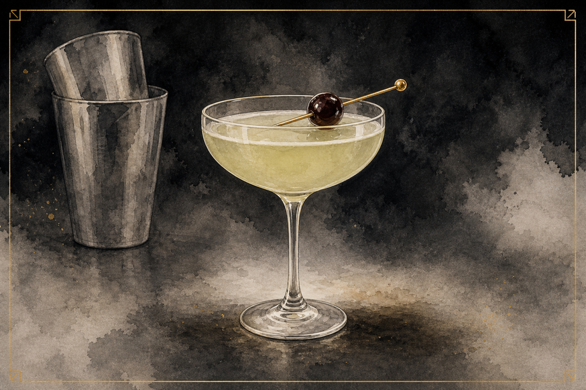Last Word in a chilled coupe with a brandied cherry, pale green liquid, A&A watercolor.