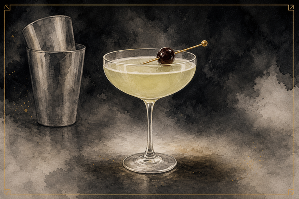 Last Word in a chilled coupe with a brandied cherry, pale green liquid, A&A watercolor.