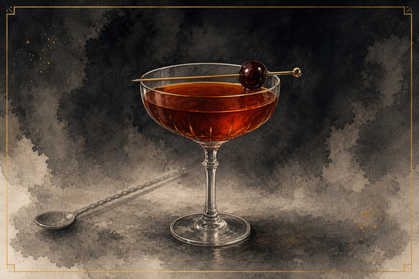 Manhattan cocktail in a chilled coupe with a brandied cherry, Aurum & Ash watercolor illustration.