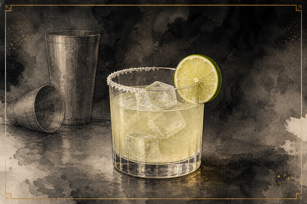 Margarita in a salt-rimmed rocks glass with a lime wheel, A&A watercolor.