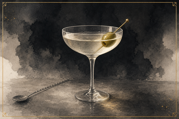 Martini in a chilled coupe with a green olive on a pick, A&A watercolor.