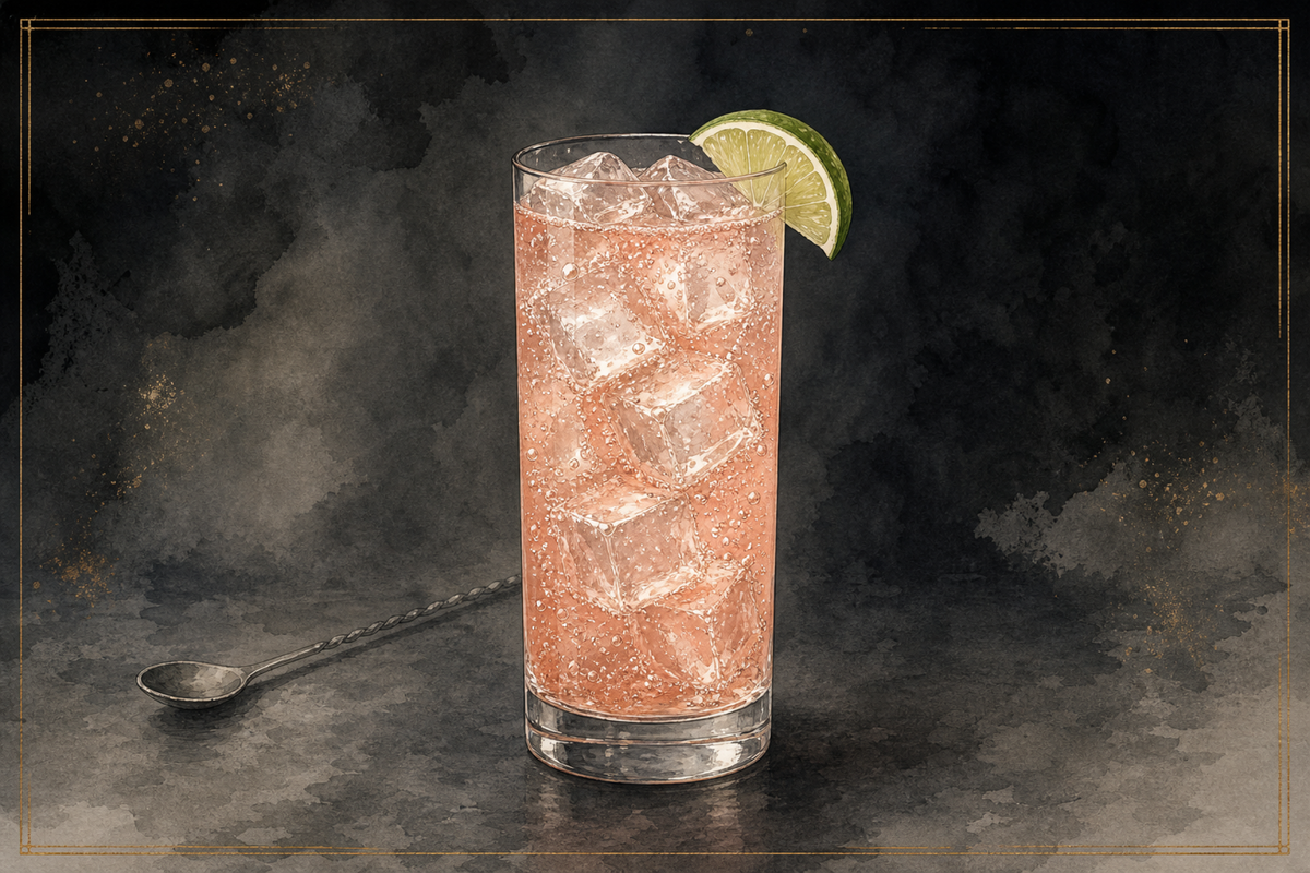 Paloma in a highball glass over fresh ice with a lime wedge, pale coral liquid, A&A watercolor.