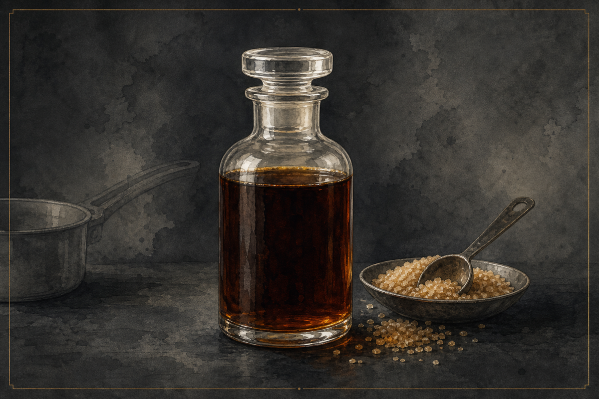 Watercolor illustration of a clear glass bottle of deep amber 2:1 rich demerara syrup with raw demerara sugar crystals and a measuring spoon on a dark ash surface