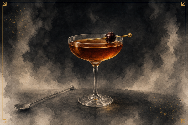 Rob Roy in a chilled coupe with a brandied cherry, A&A watercolor.