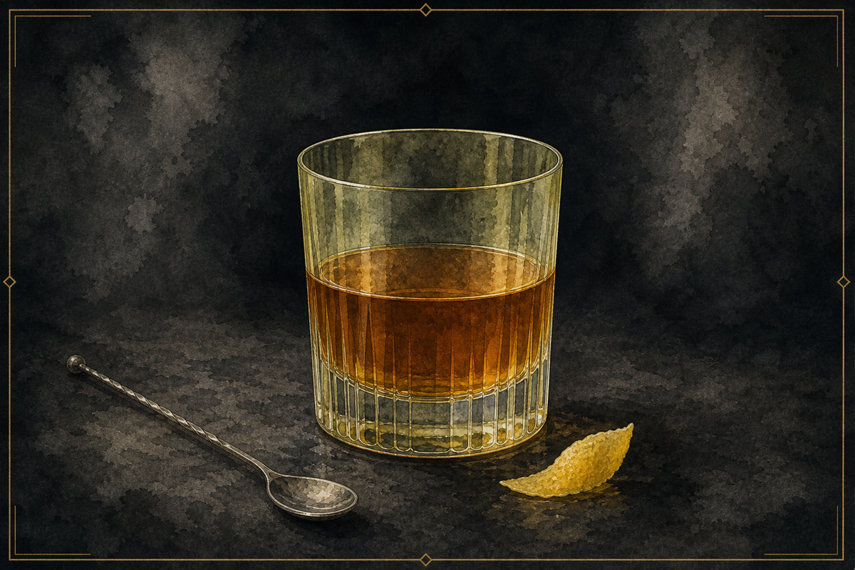 Sazerac in an absinthe-rinsed chilled rocks glass with a lemon peel, A&A watercolor.
