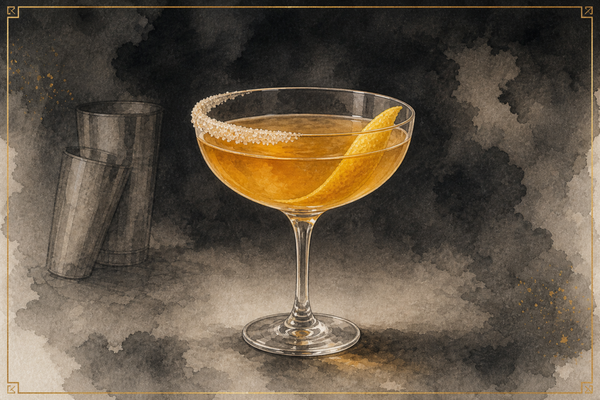 Sidecar in a sugar-rimmed coupe with a lemon peel, A&A watercolor.