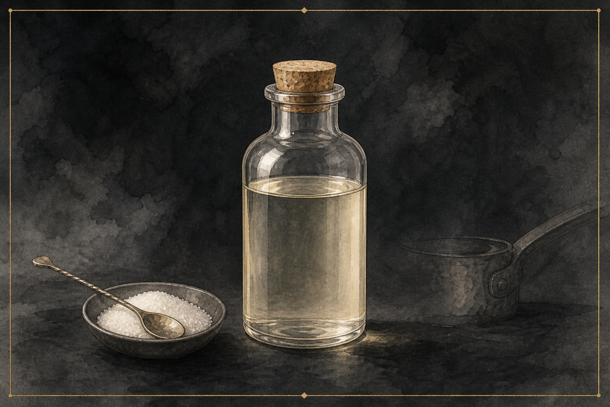 Watercolor illustration of a clear glass apothecary bottle of simple syrup with a small dish of white sugar and a bar spoon on a dark ash surface