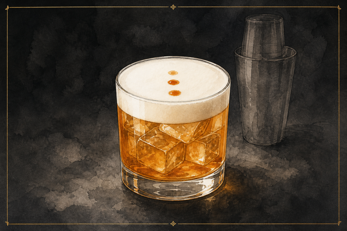 Whiskey Sour in a rocks glass with egg white foam and three Angostura drops on top, A&A watercolor.