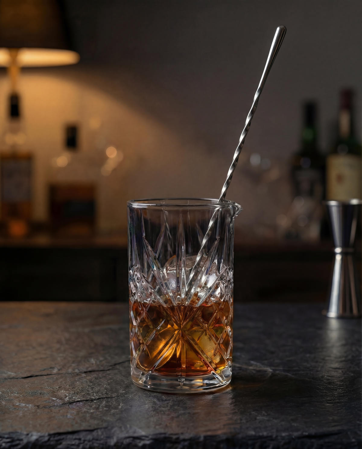 Bar Spoon stirring amber spirits over ice in the Crystal Mixing Glass, jigger and back-bar bottles in the background.