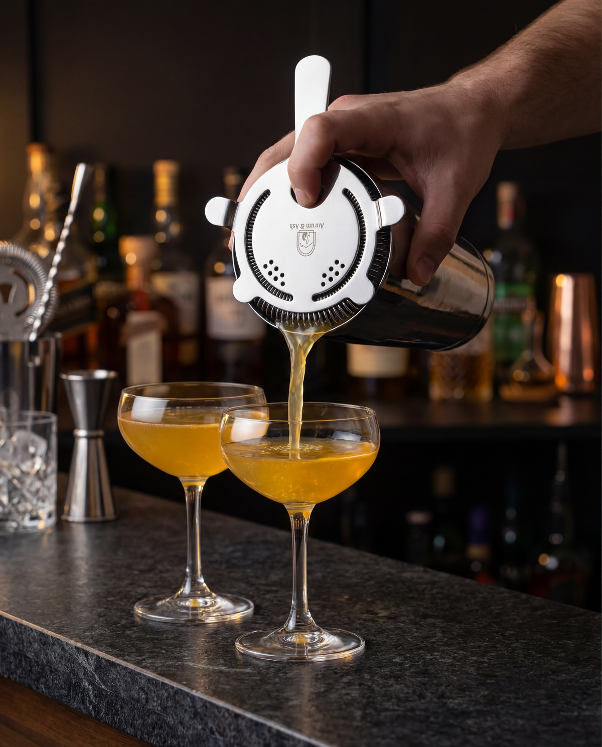 Bartender pouring a cocktail into two glasses using a shaker with a brand logo.