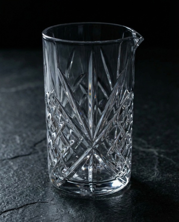 Cut crystal Mixing Glass with diamond cross-hatch pattern, pour spout, and weighted base.