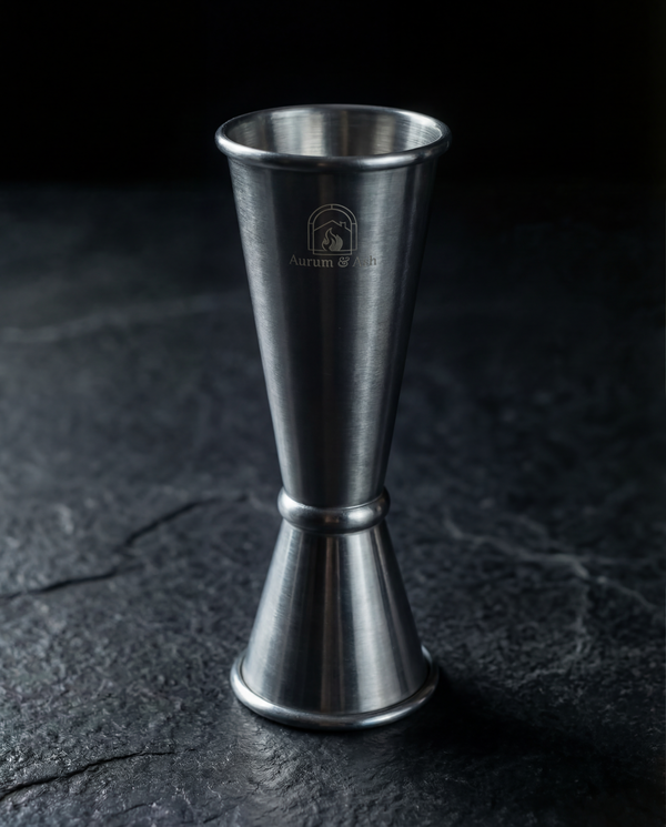 Double-sided stainless steel Jigger standing upright, Aurum & Ash logo etched on the side.