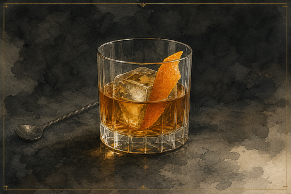 Glass of whiskey with an orange peel and ice cube on a dark background