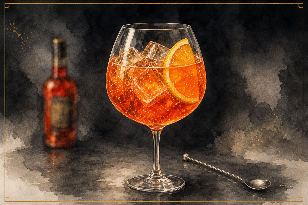 Aperol Spritz cocktail illustration: large wine glass filled with ice, vivid sunset orange-red liquid, thick orange slice garnish, bar spoon at side.
