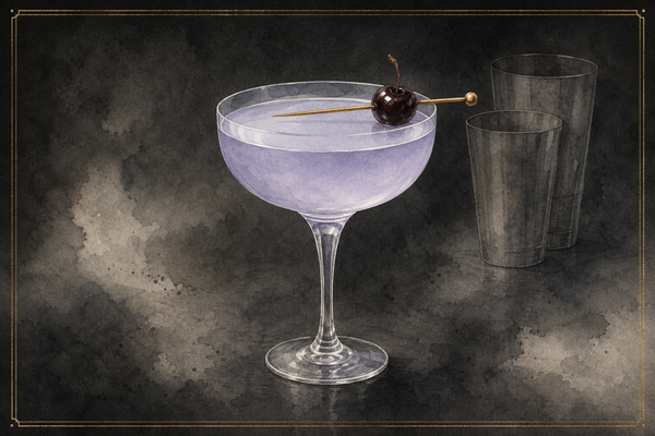 Aviation cocktail in a chilled coupe with a brandied cherry, pale lavender liquid, A&A watercolor.