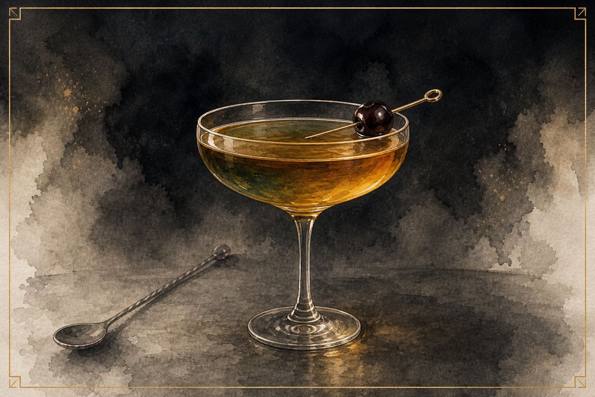 Bijou cocktail in a chilled coupe with a brandied cherry, A&A watercolor.