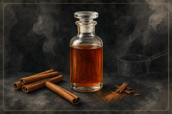 Watercolor illustration of a clear glass apothecary bottle of warm-amber cinnamon syrup with whole cinnamon sticks resting beside it on a dark ash surface