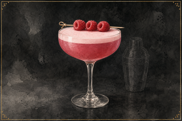 Watercolor illustration of a Clover Club cocktail in a coupe glass with three raspberries speared on a pick on the pink foam, faint shaker outline beside it, on a dark ash surface