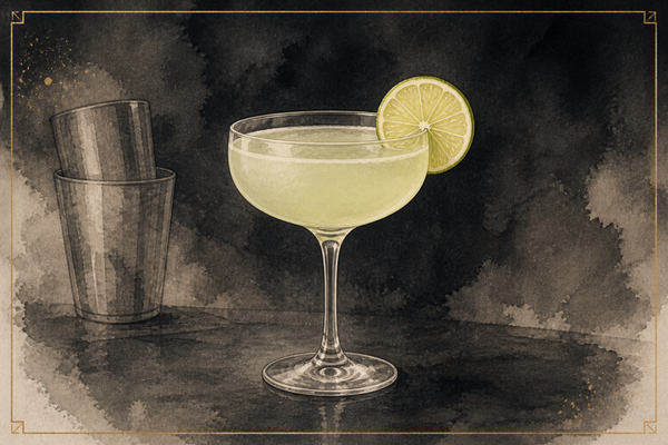 Gimlet in a chilled coupe with a lime wheel, A&A watercolor.