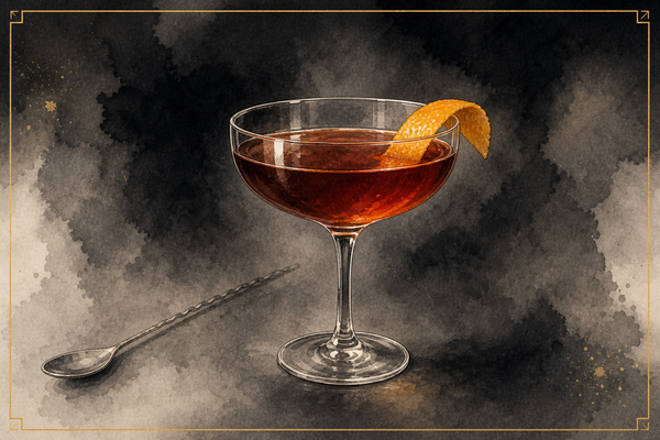 Hanky Panky in a chilled coupe with an expressed orange peel, A&A watercolor.