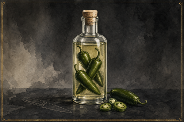 Watercolor illustration of a clear glass bottle of jalapeño-infused blanco tequila with whole jalapeños inside and sliced rounds resting on a dark ash surface