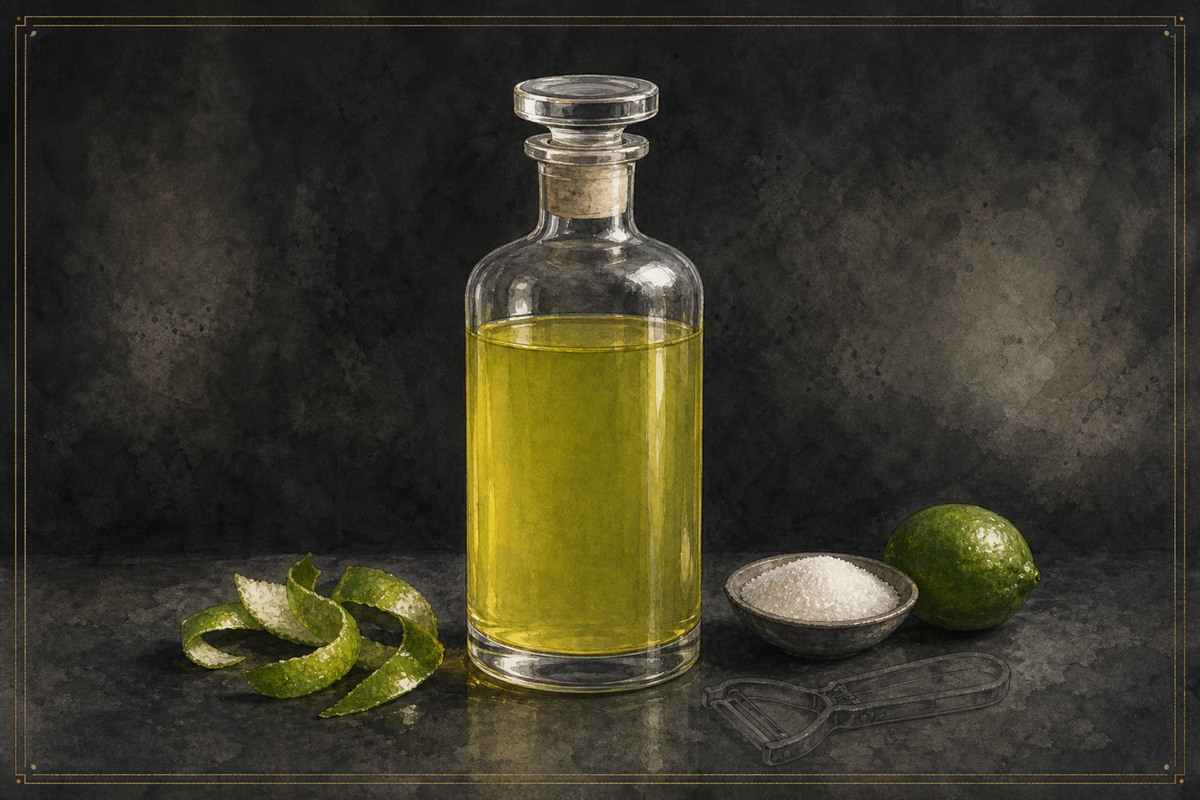 Watercolor illustration of a glass bottle of lime cordial with fresh lime peels and a small dish of sugar on a dark ash surface