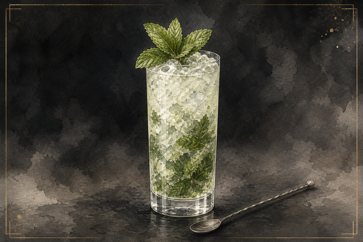 Mojito in a tall highball over crushed ice with mint sprig, A&A watercolor.