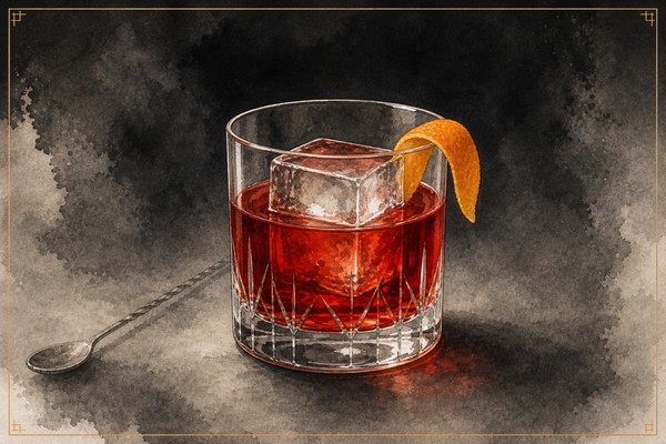 Negroni in a rocks glass over a large ice cube with an orange peel, A&A watercolor.