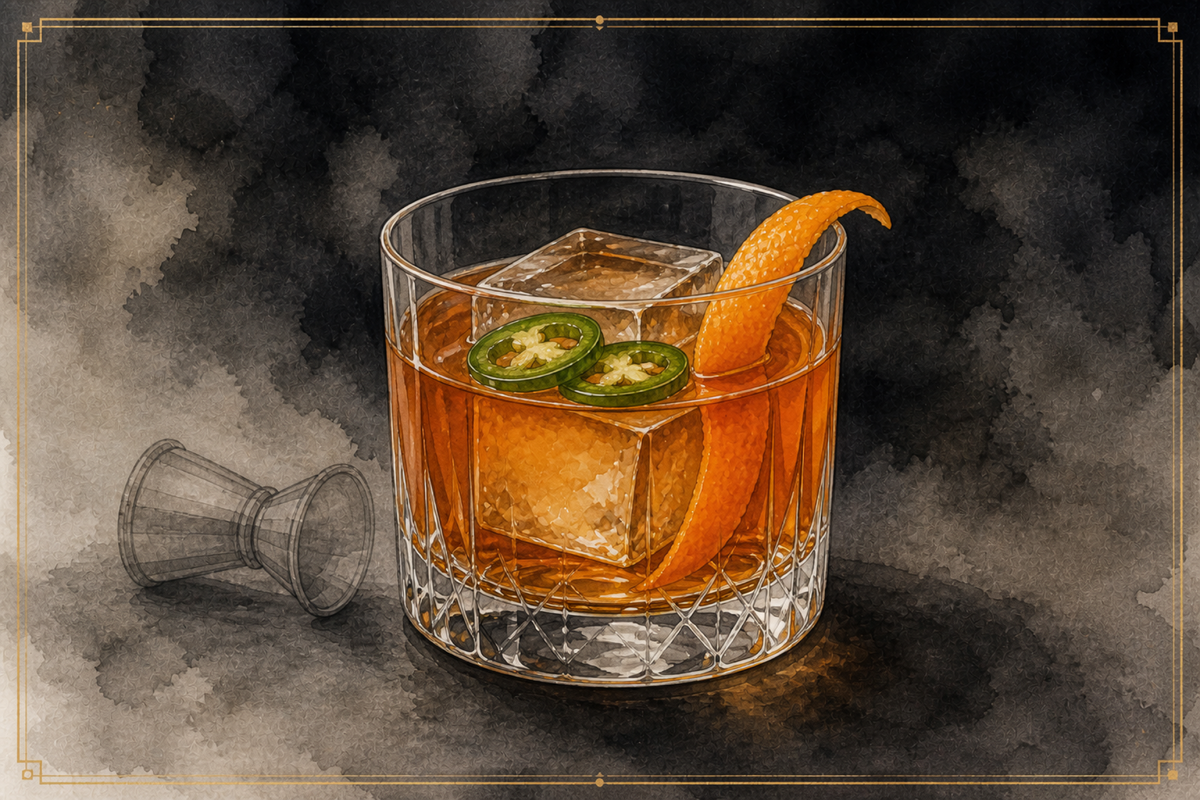 Watercolor illustration of the Orange Grove cocktail in a rocks glass over one large clear cube, burnt-orange liquid, two thin jalapeño slices on the surface, expressed orange peel resting on the rim, faint jigger outline on a dark ash surface