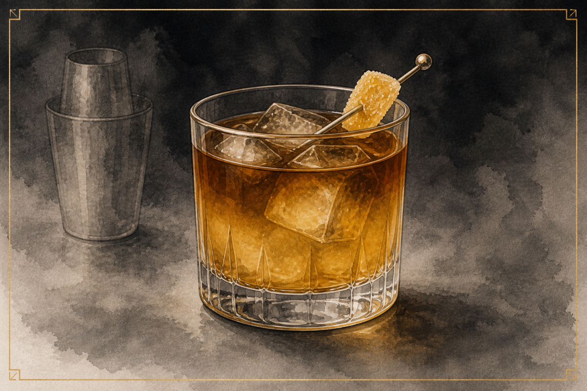 Penicillin cocktail in a rocks glass over fresh ice with a smoky Islay float and candied ginger, A&A watercolor.