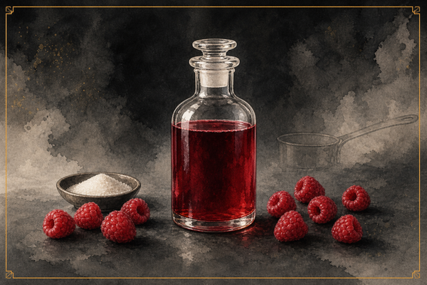 Watercolor illustration of a glass bottle of dark red raspberry syrup with fresh raspberries scattered on a dark ash surface, a small dish of sugar to the side, faint saucepan outline behind