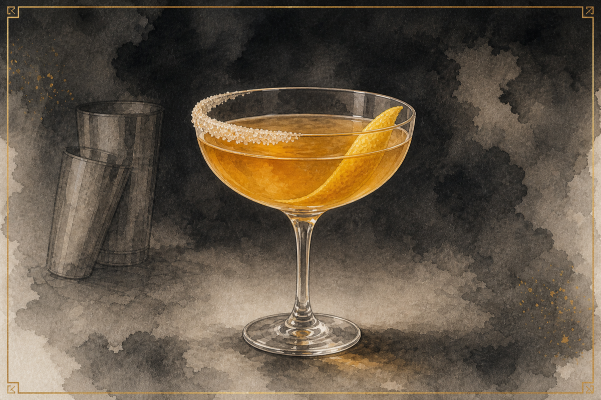 Sidecar in a sugar-rimmed coupe with a lemon peel, A&A watercolor.
