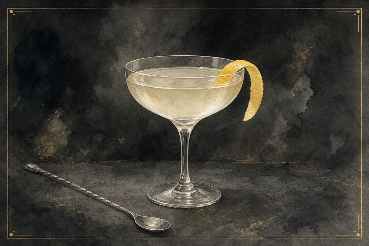Vesper cocktail in a coupe glass, garnished with a long lemon peel, served in the Aurum & Ash watercolor illustration style.