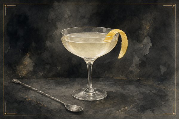 Vesper cocktail in a coupe glass, garnished with a long lemon peel, served in the Aurum & Ash watercolor illustration style.