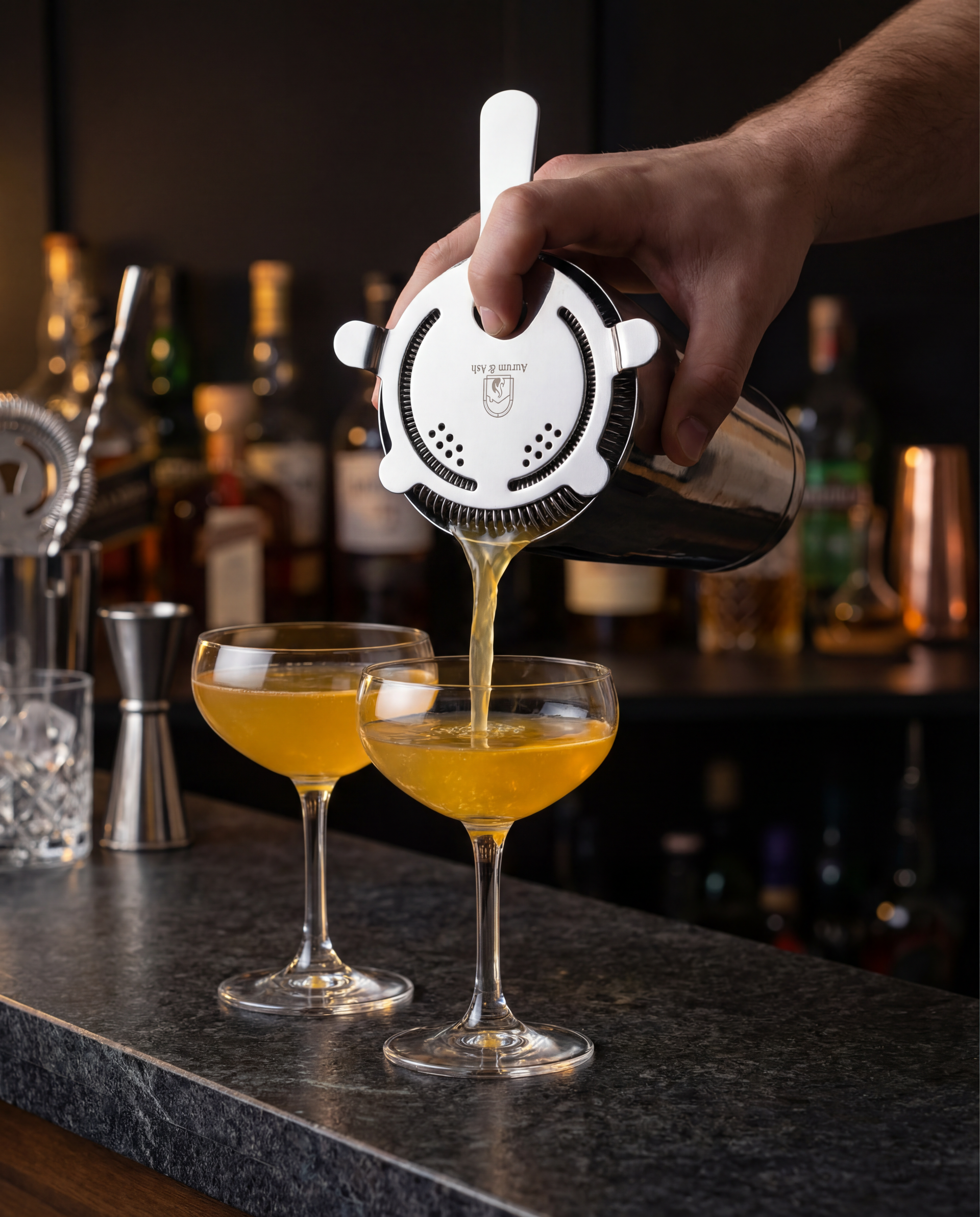 Bartender pouring a cocktail into two glasses using a shaker with a brand logo.